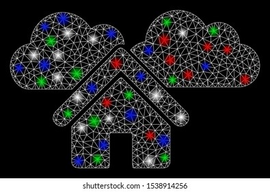 Bright mesh home with glow effect. White wire carcass triangular mesh in vector format on a black background. Abstract 2d mesh designed with polygonal grid, spheric points, colored light spots.