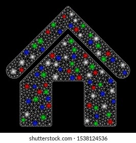 Bright mesh home with lightspot effect. White wire carcass polygonal mesh in vector format on a black background. Abstract 2d mesh designed with polygonal grid, small circle, colored flash spots.