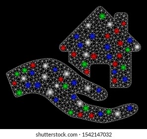Bright mesh home offer hand with glare effect. White wire frame polygonal mesh in vector format on a black background. Abstract 2d mesh designed with triangles, round dots, colored glare spots.