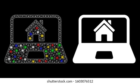 Bright Mesh Home On Laptop Screen Icon With Glitter Effect. Abstract Illuminated Model Of Home On Laptop Screen. Shiny Wire Carcass Triangular Mesh Home On Laptop Screen Icon.