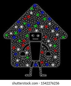 Bright mesh home robot with lightspot effect. White wire carcass triangular mesh in vector format on a black background. Abstract 2d mesh designed with triangles, dots, colorful flare spots.
