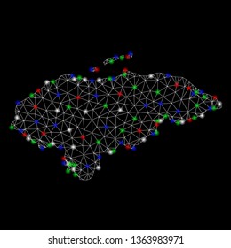 Bright mesh Honduras map with glow effect. Wire carcass polygonal mesh in vector format on a black background. Abstract 2d mesh designed with polygonal grid, points, colored light spots.