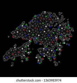 Bright mesh Hong Kong map with glow effect. Wire carcass polygonal mesh in vector format on a black background. Abstract 2d mesh designed with polygonal grid, spheric points, colored light spots.