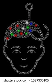 Bright mesh hooked man head with glow effect. White wire carcass triangular mesh in vector format on a black background. Abstract 2d mesh designed with triangular lines, dots, colored flash spots.