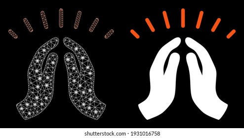 Bright mesh hope hands with glare effect. Abstract illuminated model based on hope hands icon. Shiny wire frame triangular mesh hope hands. Vector abstraction on a black background.