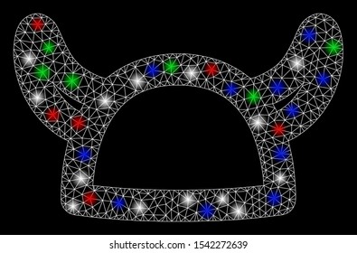 Bright mesh horned helmet with glare effect. White wire frame polygonal mesh in vector format on a black background. Abstract 2d mesh designed with polygonal grid, points, colored glare spots.