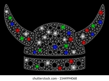 Bright mesh horned helmet with glare effect. White wire carcass polygonal mesh in vector format on a black background. Abstract 2d mesh designed with polygonal grid, dots, colorful glare spots.