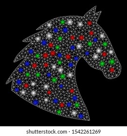 Bright mesh horse head with glare effect. White wire frame triangular network in vector format on a black background. Abstract 2d mesh designed with triangular lines, points, colorful flare spots.