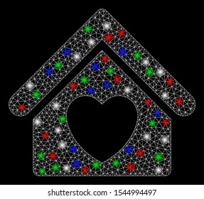 Bright mesh hospice with glare effect. White wire frame triangular network in vector format on a black background. Abstract 2d mesh designed with triangular lines, spheric points,