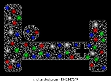 Bright mesh hospital bed with glow effect. White wire carcass triangular mesh in vector format on a black background. Abstract 2d mesh designed with triangular lines, points, colorful flare spots.