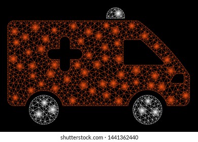 Bright mesh hospital car with glare effect. Abstract illuminated model of hospital car icon. Shiny wire carcass polygonal mesh hospital car. Vector abstraction on a black background.