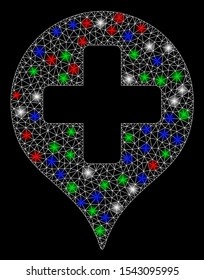 Bright mesh hospital cross map marker with glare effect. White wire carcass polygonal mesh in vector format on a black background. Abstract 2d mesh designed with polygonal grid, spheric points,