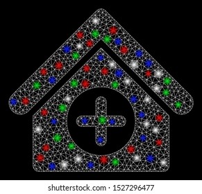 Bright mesh hospital with glow effect. White wire frame polygonal mesh in vector format on a black background. Abstract 2d mesh designed with polygonal grid, points, colored light spots.