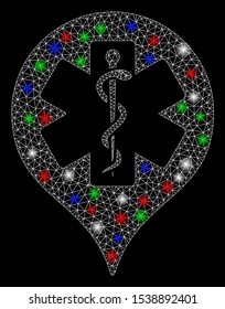 Bright mesh hospital map marker with glare effect. White wire frame triangular network in vector format on a black background. Abstract 2d mesh created from triangular lines, round dots,