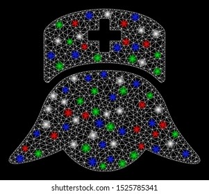 Bright mesh hospital nurse head with glare effect. White wire carcass triangular mesh in vector format on a black background. Abstract 2d mesh designed with triangular lines, dots,