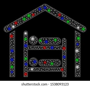 Bright mesh hostel with glare effect. White wire frame triangular mesh in vector format on a black background. Abstract 2d mesh designed with triangles, small circle, colored light spots.