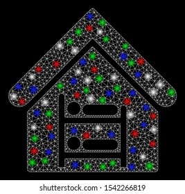 Bright mesh hostel with glow effect. White wire carcass triangular mesh in vector format on a black background. Abstract 2d mesh designed with polygonal grid, small circle, colorful glare spots.