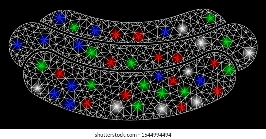 Bright mesh hotdog with glow effect. White wire carcass polygonal mesh in vector format on a black background. Abstract 2d mesh designed with triangular lines, spheric points, colored light spots.