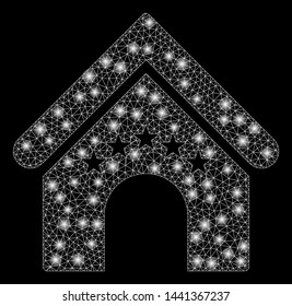 Bright mesh hotel building with glare effect. Abstract illuminated model of hotel building icon. Shiny wire frame polygonal mesh hotel building. Vector abstraction on a black background.