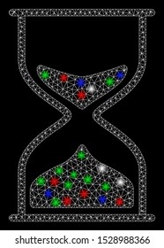 Bright mesh hourglass with lightspot effect. White wire carcass polygonal mesh in vector format on a black background. Abstract 2d mesh designed with polygonal grid, spheric points,