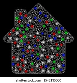 Bright mesh house with glare effect. White wire frame polygonal mesh in vector format on a black background. Abstract 2d mesh designed with triangles, points, colorful light spots.