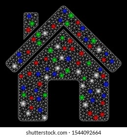 Bright mesh house with glare effect. White wire carcass polygonal mesh in vector format on a black background. Abstract 2d mesh built from polygonal grid, small circle, colorful glare spots.