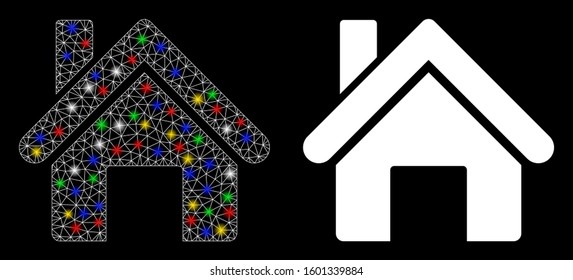 Bright mesh house icon with sparkle effect. Abstract illuminated model of house. Shiny wire frame polygonal mesh house icon. Vector abstraction on a black background.