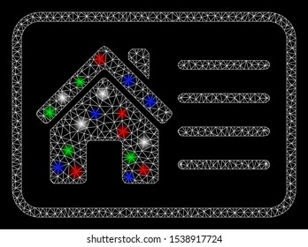 Bright mesh house info card with glare effect. White wire frame triangular network in vector format on a black background. Abstract 2d mesh designed with triangular lines, dots, colorful glare spots.