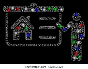 Bright mesh house presentation with glare effect. White wire carcass triangular mesh in vector format on a black background. Abstract 2d mesh built from triangular lines, round dots,