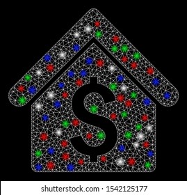 Bright mesh house rent with lightspot effect. White wire frame polygonal mesh in vector format on a black background. Abstract 2d mesh designed with polygonal grid, round dots, colored flash spots.