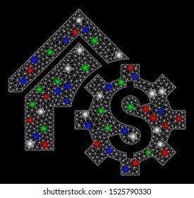 Bright mesh house rent options with glow effect. White wire frame polygonal mesh in vector format on a black background. Abstract 2d mesh designed with polygonal grid, dots, colored glare spots.