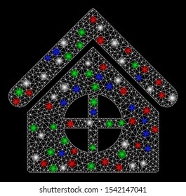 Bright mesh house with round window with glare effect. White wire carcass triangular mesh in vector format on a black background. Abstract 2d mesh built from triangular lines, points,