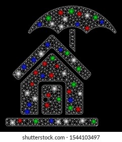 Bright mesh house under umbrella with glare effect. White wire carcass polygonal mesh in vector format on a black background. Abstract 2d mesh created from polygonal grid, small circle,