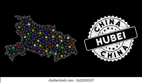 Bright mesh Hubei Province map with glare effect, and stamp. Wire carcass polygonal Hubei Province map mesh in vector format on a black background. White round rubber stamp with distress surface.