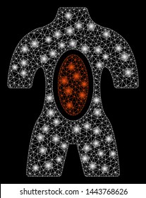Bright mesh human anatomy with glare effect. Shiny wire carcass triangular mesh in vector format on a black background. Abstract 2d mesh designed with triangular lines, points, glossy glare spots.