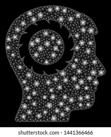 Bright mesh human memory wheel with glitter effect. Abstract illuminated model of human memory wheel icon. Shiny wire frame polygonal mesh human memory wheel. Vector abstraction on a black background.