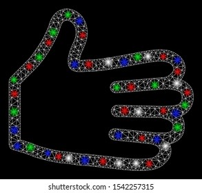 Bright mesh human palm with glare effect. White wire carcass triangular mesh in vector format on a black background. Abstract 2d mesh designed with polygonal grid, dots, colorful glare spots.