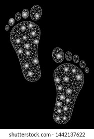 Bright mesh human steps with glow effect. Abstract illuminated model of human steps icon. Shiny wire carcass polygonal mesh human steps. Vector abstraction on a black background.