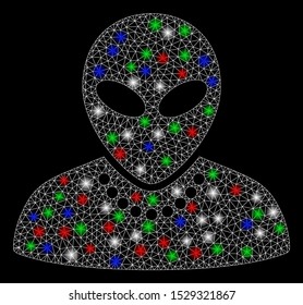 Bright mesh humanoid with glare effect. White wire frame polygonal network in vector format on a black background. Abstract 2d mesh built from polygonal grid, points, colorful glare spots.