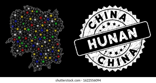 Bright mesh Hunan Province map with lightspot effect, and stamp. Wire frame polygonal Hunan Province map mesh in vector format on a black background. White round rubber stamp with grunge textures.