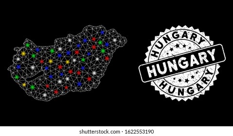 Bright mesh Hungary map with glare effect, and stamp. Wire carcass polygonal Hungary map mesh in vector format on a black background. White round rubber stamp with grunge textures.