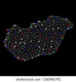 Bright mesh Hungary map with glow effect. Wire carcass triangular mesh in vector format on a black background. Abstract 2d mesh designed with triangles, round dots, colored flash spots.
