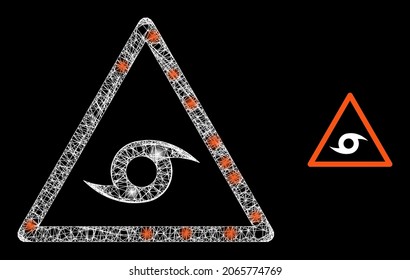 Aviso de huracán en malla brillante con puntos brillantes. Malla plana de la estructura de alambre generada con líneas blancas entrelazadas e icono de aviso de huracán.