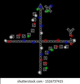 Bright mesh hyperbola plot with glare effect. White wire frame triangular network in vector format on a black background. Abstract 2d mesh designed with triangular lines, dots, colored glare spots.