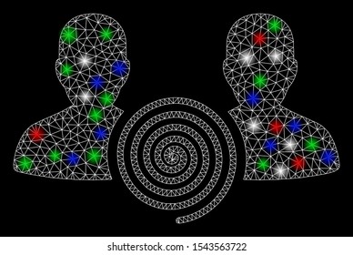Bright mesh hypnosis sect with glow effect. White wire carcass polygonal mesh in vector format on a black background. Abstract 2d mesh designed with polygonal grid, small circle, colorful flash spots.