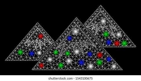 Bright mesh icecap mountains with glow effect. White wire frame triangular mesh in vector format on a black background. Abstract 2d mesh designed with triangular lines, dots, colorful light spots.