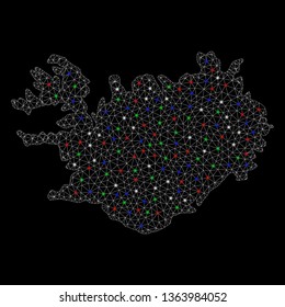 Bright mesh Iceland map with glare effect. Wire frame polygonal network in vector format on a black background. Abstract 2d mesh designed with triangles, points, colorful glare spots.