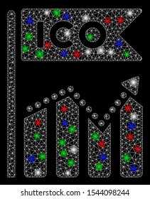 Bright mesh ICO chart with glare effect. White wire carcass triangular network in vector format on a black background. Abstract 2d mesh built from triangular lines, dots, colorful glare spots.