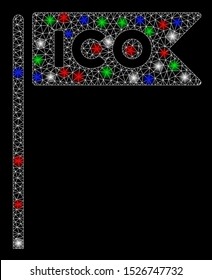 Bright mesh ICO flag with glow effect. White wire frame triangular mesh in vector format on a black background. Abstract 2d mesh designed with polygonal grid, small circle, colorful flare spots.