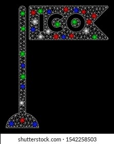 Bright mesh ICO flag marker with glare effect. White wire carcass triangular mesh in vector format on a black background. Abstract 2d mesh designed with triangles, dots, colorful light spots.